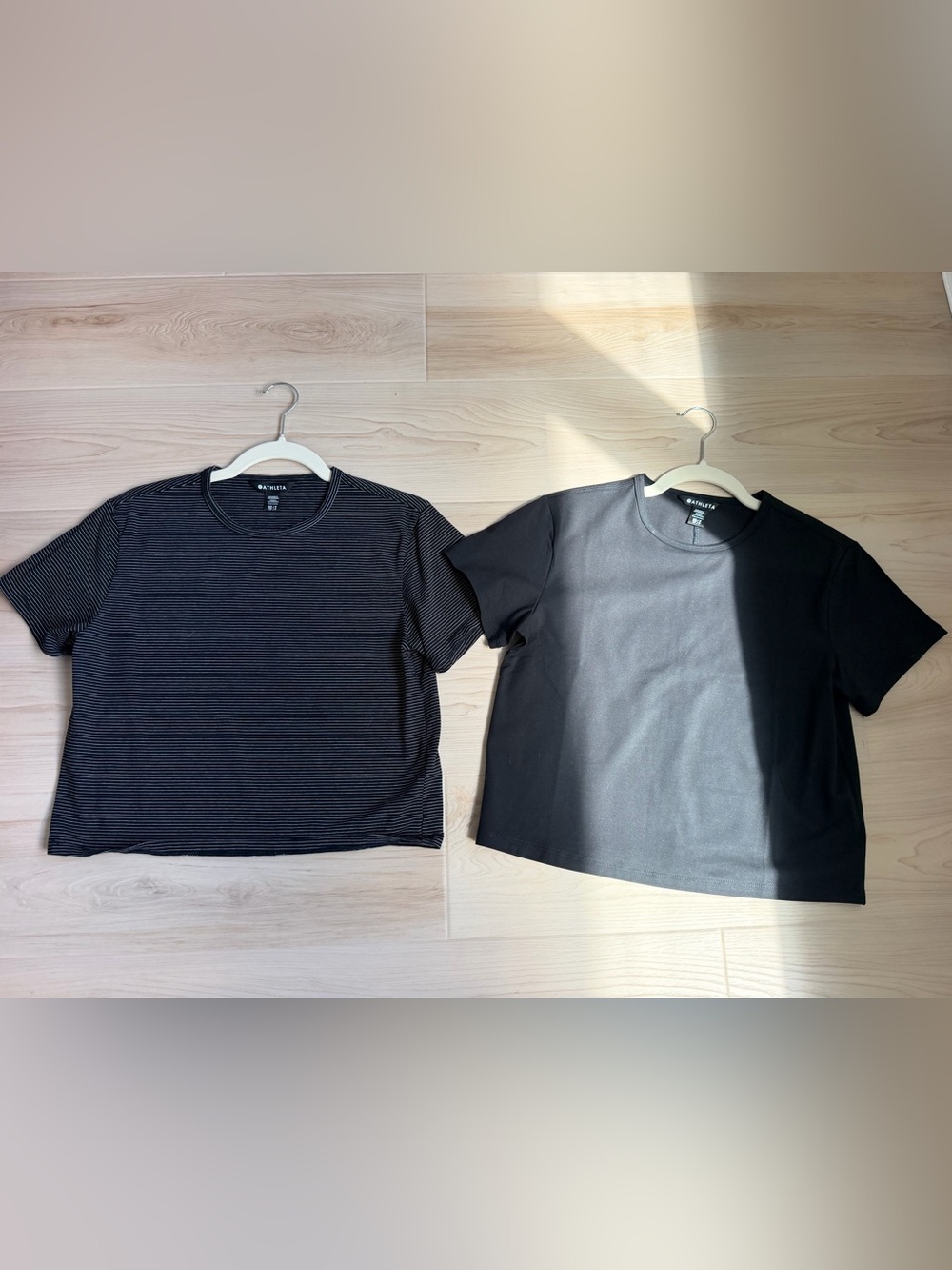 Athleta Women’s Black & Black-Striped Crew Neck Short Sleeve Tees - 2 Pack